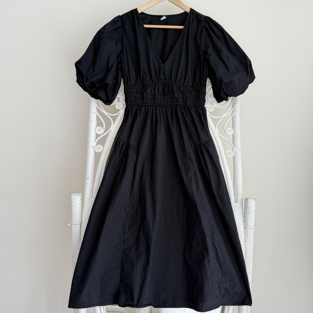 Old Navy Dress Small Black Cotton Poplin Midi Puff Sleeve Smocked Waist Defined